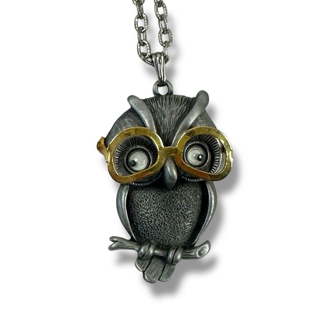 Vintage Signed FAB Owl Pendant Chain Necklace Pewter Tone Glasses Googly‎ Eyes